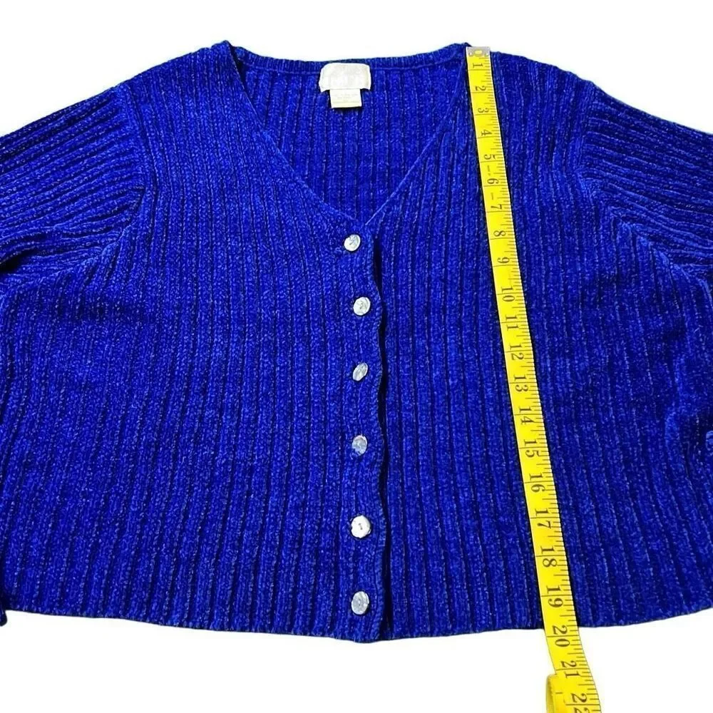 Moda Int'l Women's Blue Button Front Cropped Ribbed Cardigan Sweater Large